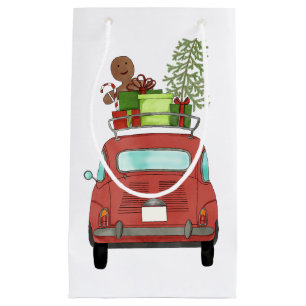 Rotes Auto mit Weihnachtsgeschenken Kleine Geschen Geschenktüte
