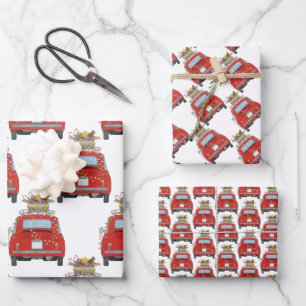 Rotes Auto mit Weihnachtsgeschenken Umschlagpapier Geschenkpapier Set