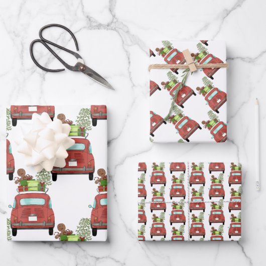 Rotes Auto mit Weihnachtsgeschenken Umschlagpapier Geschenkpapier Set (Vorderseite)