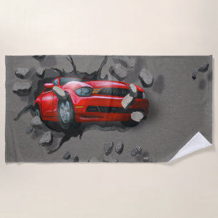 Rotes Auto stürzt durch die Mauer ab Strandtuch