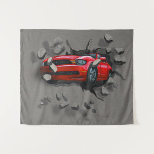 Rotes Auto stürzt durch die Mauer ab Wandteppich