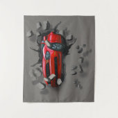 Rotes Auto stürzt durch die Mauer ab Wandteppich (Vorderseite)