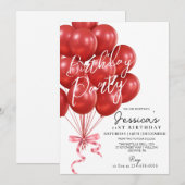Rotes Ballonscript Moderne Geburtstagsfeier Einladung (Vorne/Hinten)