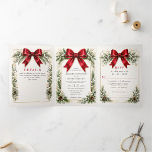 Rotes Band Botanisch Floral Winter Weihnachten Hoc Dreifach Gefaltete Einladung