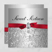 Rotes Band-Silber-Blumenmuster 16. Geburtstag Einladung (Vorne/Hinten)