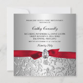 Rotes Band-Silber-Blumenmuster 16. Geburtstag Einladung (Rückseite)