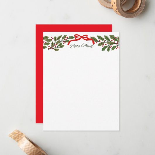 Rotes Band und Holly Garland Weihstationery Mitteilungskarte (Vorderseite/Rückseite Beispiel)