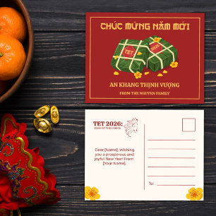 Rotes Banh Chung Tet 2026 Jahr des Pferdes Vietnam Feiertagspostkarte