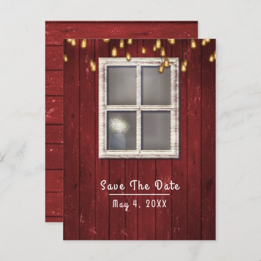 Rotes Barfenster und Lichter Rustikal Save the Dat Ankündigungspostkarte (Vorne/Hinten)