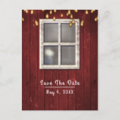 Rotes Barfenster und Lichter Rustikal Save the Dat Ankündigungspostkarte (Vorderseite)