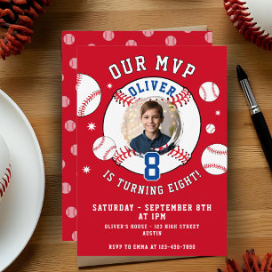 Rotes Baseball-Themen-Kindergeburtstagsfoto Einladung