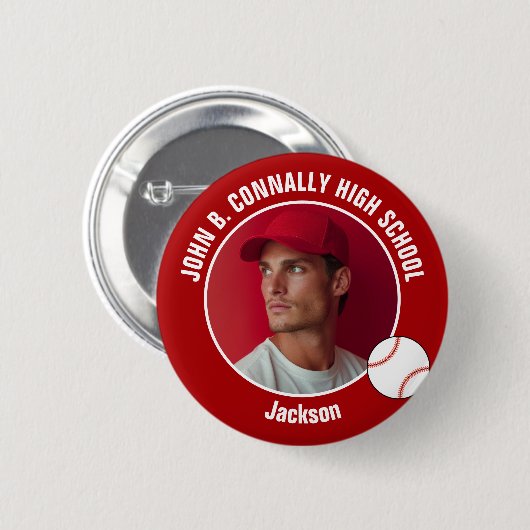 Rotes Baseballspieler-Foto High School Spirit Button (Vorne & Hinten)