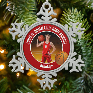 Rotes Basketballspieler-Foto-Andenken-Geschenk Schneeflocken Zinn-Ornament