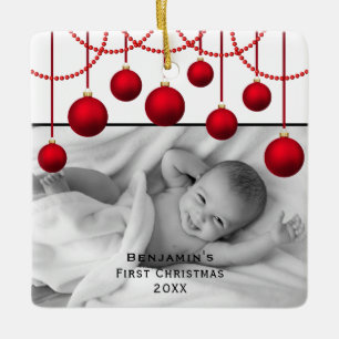 Rotes Bauble Erstes Weihnachten Baby Foto Keramik Keramikornament