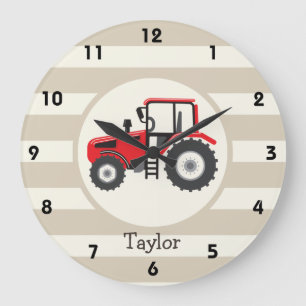 Rotes Bauernhof-Traktor auf braunen Streifen Große Wanduhr