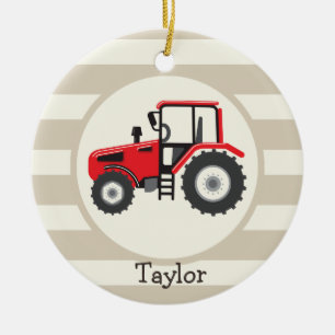 Rotes Bauernhof-Traktor auf braunen Streifen Keramik Ornament