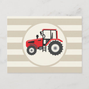 Rotes Bauernhof-Traktor auf braunen Streifen Postkarte