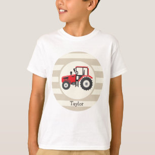 Rotes Bauernhof-Traktor auf braunen Streifen T-Shirt