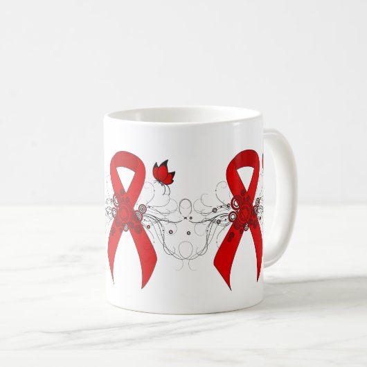 Rotes Bewusstseinsband mit Schmetterling Kaffeetasse (VorderseiteRechts)