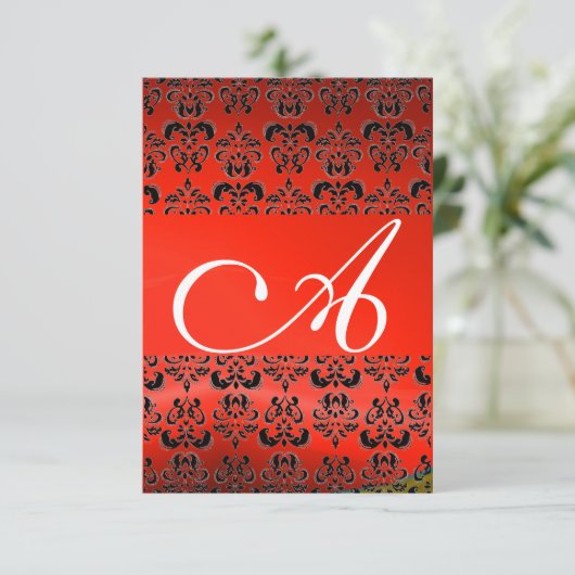 ROTES BLACK DAMASK GEM MONOGRAMM EINLADUNG (Stehend Vorderseite)