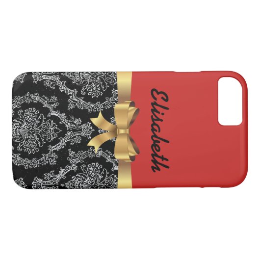ROTES BLACK DAMASK GOLDEN BOW MONOGRAMM Case-Mate iPhone HÜLLE (Rückseite (Horizontal))