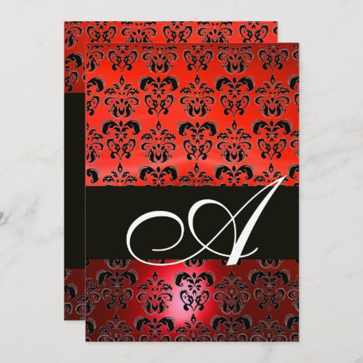 ROTES BLACK-DAMASK-MONOGRAMM, hell weiß Einladung (Vorne/Hinten)