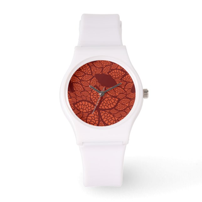 Rotes Blätter auf orange Armbanduhr (Vorderseite)