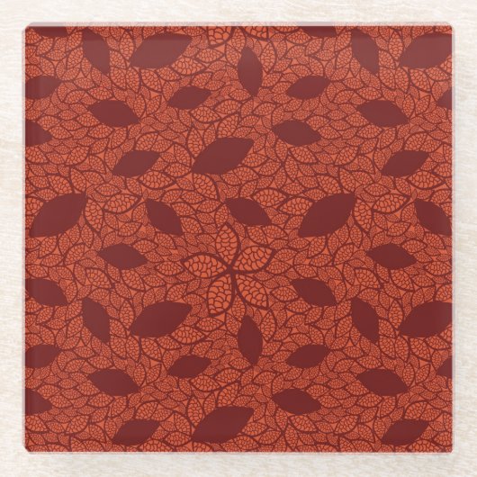 rotes Blätter-Muster auf Orange Glasuntersetzer (Vorderseite)