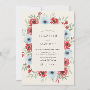Rotes Blau Malerisches Winterhochzeit Einladung