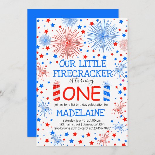 Rotes Blau und Weiße Glitzern und Sterne Geburtsta Einladung (Vorne/Hinten)