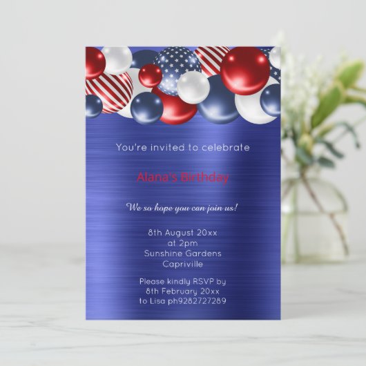 ROTES BLAUE BRUSHIN METALLIKES PATRIOTISCHES BALLO EINLADUNG (Stehend Vorderseite)