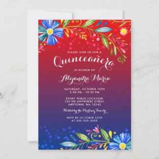 Rotes Blaues Blau Floral Fiesta Quinceanera Einladung