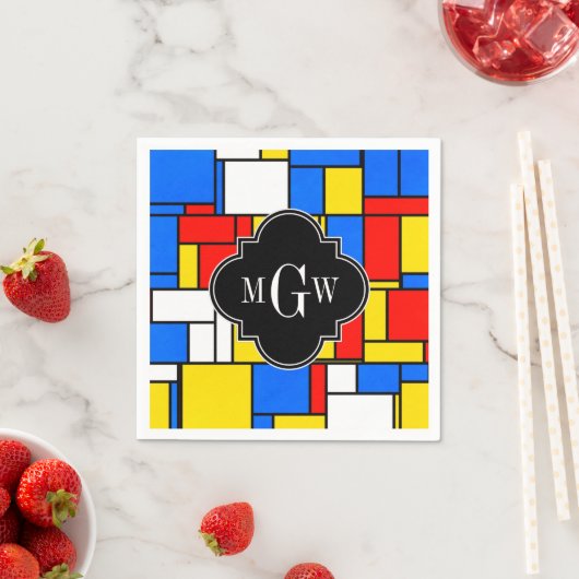 Rotes blaues gelbes Monogramm Mondrian Schwarzen Serviette (Beispiel)