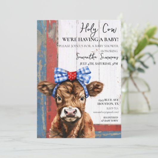 Rotes blaues Hochland-Calf-Baby-Dusche Einladung (Stehend Vorderseite)