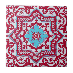 Rotes blaues Keramik-Stil Azulejo Vintage-Monogram Fliese
