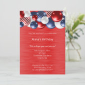 ROTES BLAUES PATRIOTISCHES BALLOON BIRTHTAG EINLADUNG (Stehend Vorderseite)