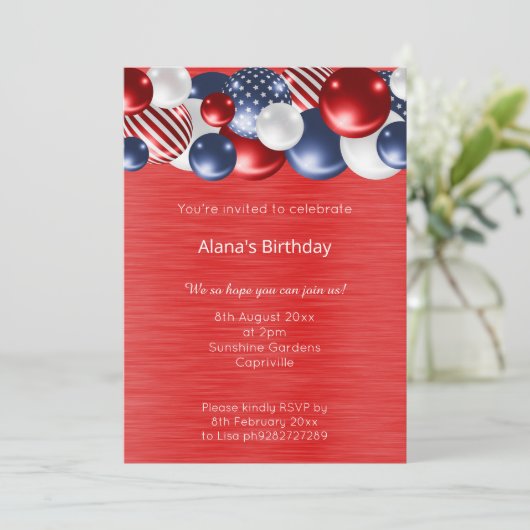 ROTES BLAUES PATRIOTISCHES BALLOON BIRTHTAG EINLADUNG (Stehend Vorderseite)