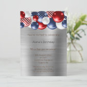 ROTES BLAUES PATRIOTISCHES SILBER BALLOON BIRTHDAY EINLADUNG (Stehend Vorderseite)