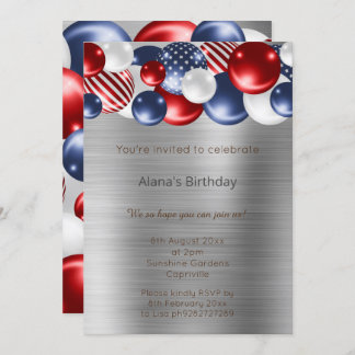 ROTES BLAUES PATRIOTISCHES SILBER BALLOON BIRTHDAY EINLADUNG
