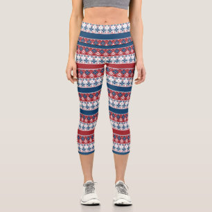 Rotes blaues Streifenmuster Capri Leggings
