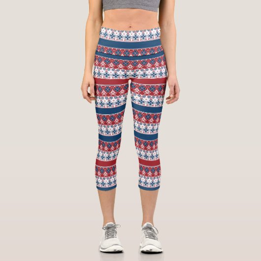 Rotes blaues Streifenmuster Capri Leggings (Vorderseite)