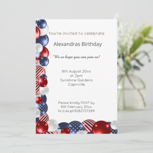 ROTES BLAUES WEISSES PATRIOTISCHES BALLOON 2 GEBUR EINLADUNG (Stehend Vorderseite)