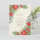 Rotes Blühen Hochzeit im Frühling Einladung (Stehend Vorderseite)