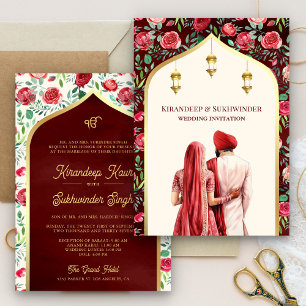Rotes Blumen-Cream-Gold Anand Karaj Sikh-Hochzeit Einladung