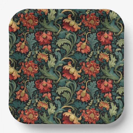 Rotes Blumen-William-Morris-Druckmuster Pappteller (Vorderseite)