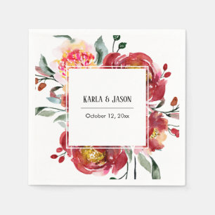 Rotes Blumenbouquet mit Namen und Datum Serviette