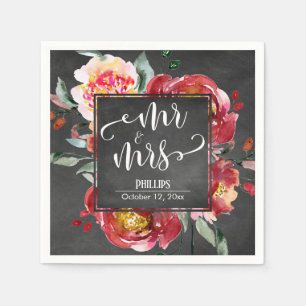 Rotes Blumenbouquet Mr & Mrs Typografie Schieferta Serviette