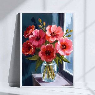 Rotes Blumenbouquet-Vase-Aquarellmalerei Poster