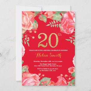 Rotes Blumendesign zum 20. Geburtstag mit Goldglit Einladung
