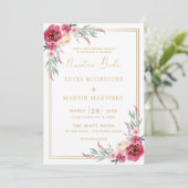 Rotes Blumengrün Blätter Gold Frame Nuestra Boda Einladung (Stehend Vorderseite)